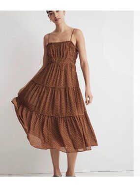 Madewell womens Sophia Cami Tiered Midi Dress Brown white Dots size 14W